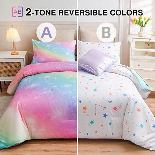 A Nice Night 6Pcs Gradient Glitter Bedding Set for Girls Twin Size, Colorful Rainbow Galaxy Comforter Set, Ultra Soft Bedding Sets, Pink