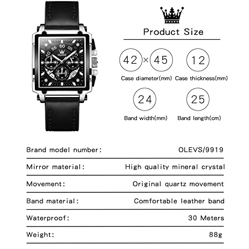 OLEVS Watch Men Square Face Leather Watches for Men Chronograph Date Waterproof Casual Rectangle Business Wrist Watches