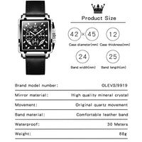 OLEVS Watch Men Square Face Leather Watches for Men Chronograph Date Waterproof Casual Rectangle Business Wrist Watches