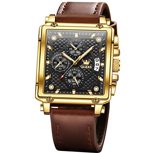 OLEVS Large Face Watches for Men Black Dial Square Quartz Chronograph Watch Brown Leather Mens Watches Waterproof Luxury Men's Wrist Watches