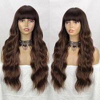 Lativ Brown Wig with Bangs Long Wavy Wig with Dark Roots for Women Curly Wavy Wig Synthetic Fiber Natural Looking Hair Replacement Wig for Daily Party Use 26 Inches