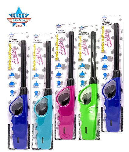 Elite Brands USA Long Lighters Pack, 5 Pack of Butane Refillable Fire Lighters, Ideal as Multipurpose Utility Lighters BBQ Lighters Grill Lighters Kitchen Lighters,Multilor,Large