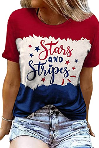 Stars and Stripes American Flag Patriotic T-Shirt Women 4th of July Color Block Casual Short Sleeve Tee Tops(M,Red)