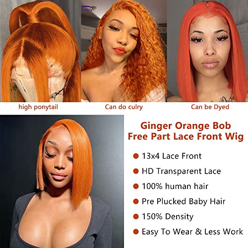 SFD Ginger Bob Wig Human Hair Lace Front 13x4 HD Transparent Lace Frontal Human Hair Ginger Orange Bob Lace Front Wigs Human Hair 150% Density Brazilian Hair For Black Women（Color Bob wig 8 Inch）