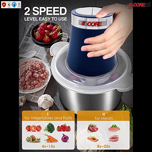 5 Core Food Processor 300W Motor, Electric Chopper Heavy Duty Meat Grinder 12 Cup 4 Titanium Blades, 2L Stainless Steel Bowl With 2 Speed for Vegetables Fruits Nuts Lean Ground Meat MG S SSB