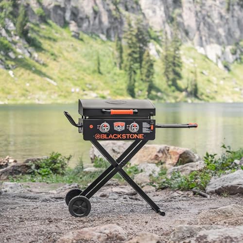 Blackstone 1935 On The Go Scissor-Leg Two Burners Gas Hood, Wheels, Side Shelf Heavy Duty Outdoor Stainless Steel Griddle for Backyard, Patio Camping, 22, Black