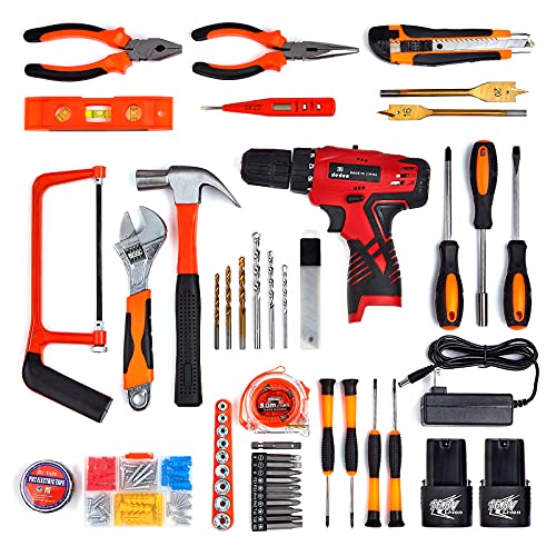 DD dedeo Tool Set with Drill, 108Pcs Cordless Drill Household Power Tools Set with 16.8V Lithium Driver Claw Hammer Wrenches Pliers DIY Accessories Tool Kit