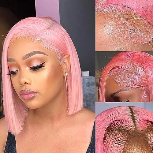 STERGT Pink Wig Human Hair 13X4 lace front Bob Wig Human Hair High Density Brazilian Virgin Hair Pre Plucked With Baby Hair Short Bob Wigs Human Hair Frontal Lace Wigs for Women (12 inch)