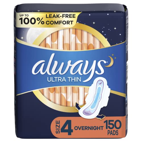 Always Ultra Thin Feminine Pads For Women, Size 4 Overnight Absorbency, With Wings, Unscented, 50 Count x 3 (150 Count Total)