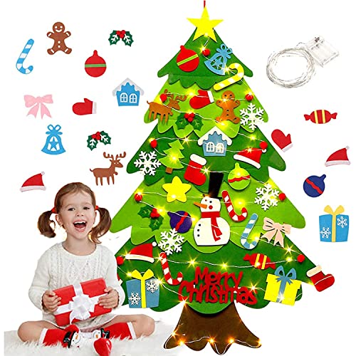 Montessori Christmas Tree with Led String Light,2023 New Kids Interactive Christmas Tree DIY Christmas Tree with 21pcs Detachable Tree Ornaments for Kid Wall