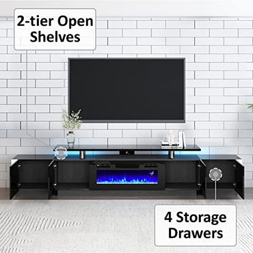 AMERLIFE 110" Large Fireplace TV Stand Set with 36" Electric Fireplace, Includes 70" 2-Tier Fireplace TV Stand, 2 x End Tables, Modern High Gloss TV Console with LED Light for Living Room, Black