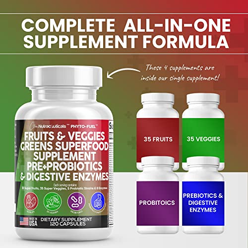Fruits and Veggies Supplement Reds & Green Superfood - A Natural Balance of Over 70 Fruit and Vegetable Supplements Capsules with Probiotics Prebiotics Digestive Enzymes Nature Spirulina -120 Ct USA