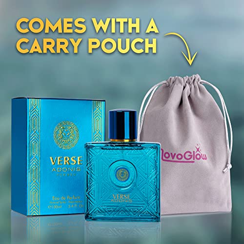 NovoGlow Verse Adonis for Men 3.4 Fl. Oz. 100ml Men's Perfume Carrying Pouch Refreshing Combination of Woody Floral & Fruity Scents - Masculine Scent Lasts All Day A Gift for Any Occasion