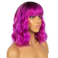 LANCAINI Colourful Short Bob Wigs with Bangs for Women Loose Wavy Wig Curly Wavy Shoulder Length Bob Synthetic Cosplay Wig for Girl Colorful Costume Wigs, Black-Rose mixed Purple