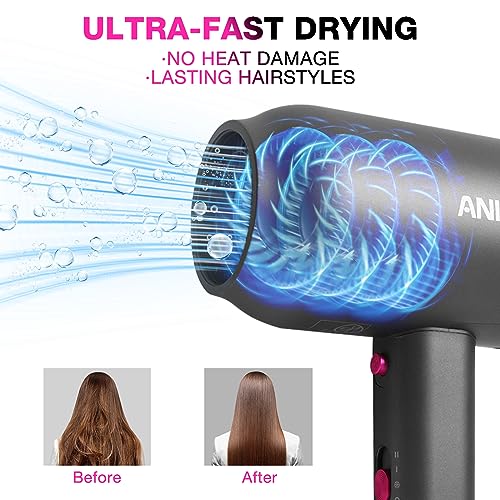 ANIEKIN Hair Dryer with Diffuser, 1875W Ionic Blow Dryer, Professional Portable Hair Dryers & Accessories for Women Curly Hair, Grey