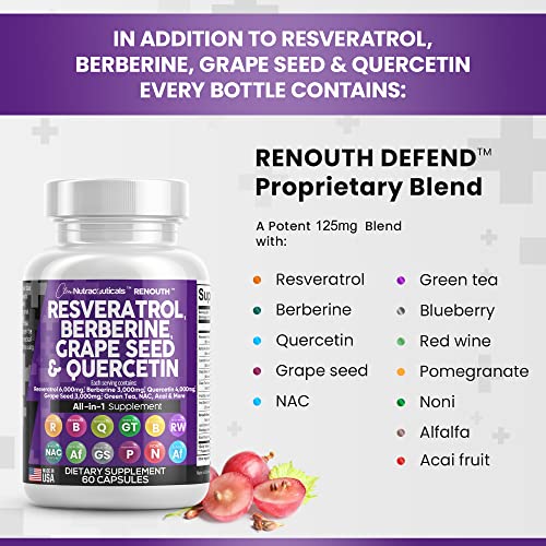 Resveratrol 6000mg Berberine 3000mg Grape Seed Extract 3000mg Quercetin 4000mg Green Tea Extract - Polyphenol Supplement for Women and Men with N-Acetyl Cysteine, Acai Extract - Made in USA 60 Caps