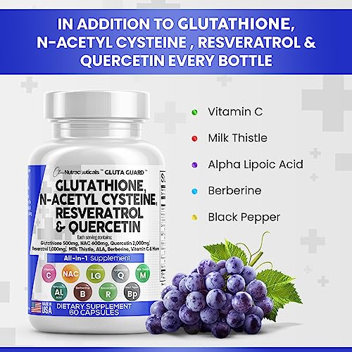 Glutathione 500mg Supplement with Vitamin C N Acetyl Cysteine 600mg Berberine 1000g Milk Thistle 1000mg Resveratrol Quercetin Alpha Lipoic Acid - Reduced L Glutathion Free Form Women 60 Ct USA Made