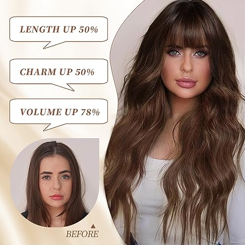 Lativ Brown Wig with Bangs Long Wavy Wig with Dark Roots for Women Curly Wavy Wig Synthetic Fiber Natural Looking Hair Replacement Wig for Daily Party Use 26 Inches