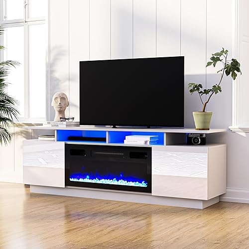 Cozy Castle Fireplace TV Stand for TV up to 75", High Gloss TV Entertainment Center with 30" Electric Fireplace, LED TV Console Table for Living Room, White