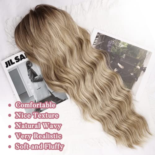 NAYOO Long Dirty Blonde Wigs with Bangs for Women Curly Wavy Hair Wigs Heat Resistant Synthetic Fiber Wigs for Daily Party Use 26 Inches (Dirty Blonde)