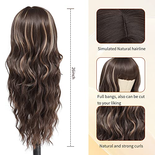 Long Brown Blonde Wig with Bangs for women Long Wavy Brown Highlights Curly Wigs Natural Looking Premium Protein Fiber Hair Replacement Wigs Cosplay Costume Halloween Wigs(26'' Brown Mixed Blonde)