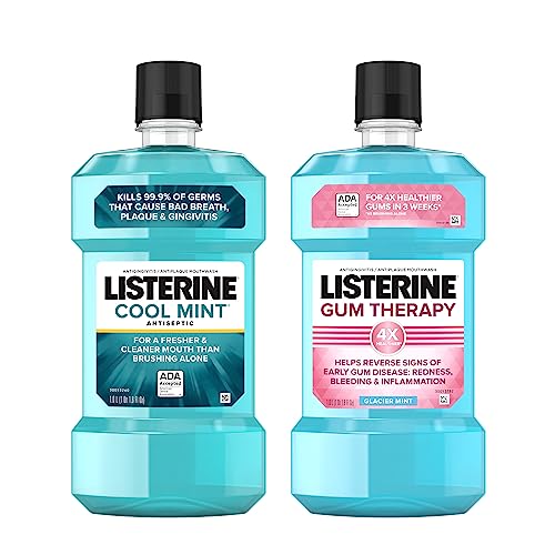 Listerine Cool Mint Antiseptic Mouthwash to Kill 99% of Bad Breath Germs and Gum Therapy Mouthwash in Glacier Mint to Help Reverse Signs of Early Gingivitis, Convenience Pack, 2 x 1 L