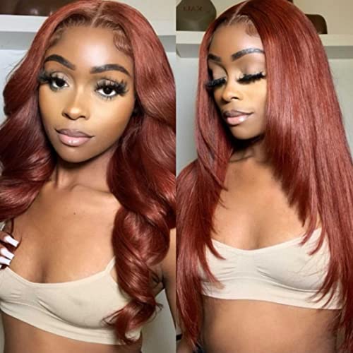 Beauty Forever #33B Reddish Brown Butterfly Haircut 13x4 Lace Front Straight Wig Human Hair Wigs for Women,150% Density 12A Grade Front Layered Invisible Lace Frontal Wigs Natural Hairline Pre Plucked with Baby Hair 14inch