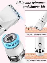 Cayzor Bikini Trimmer and Shaver for Women - 2-in-1 Wet/Dry Electric Body Hair Cordless Waterproof Facial Removal Razor Painless Trimming of Pubic Face Underarm Legs (White)