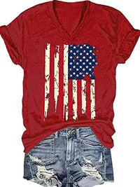 4th of July V Neck Patriotic T-Shirts Women American Flag Print Faith Family Freedom Letter Casual Short Sleeve Tee Tops(L,Red-1)