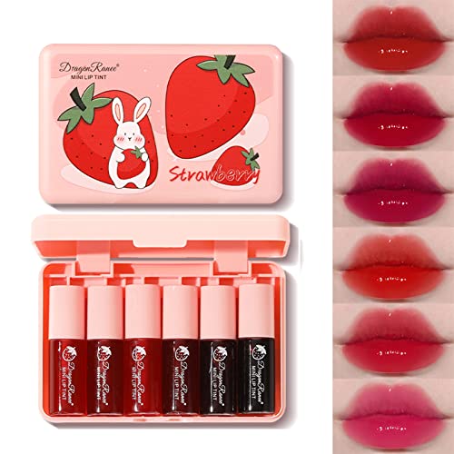 6 Colors Water Tint Lip Stain Set Plumping Mini Liquid Lipstick Moisturizing Lip Oil Tinted Lip Stain Long Lasting Non-Sticky Lip Plumping Set for Women Daily Lip Makeup