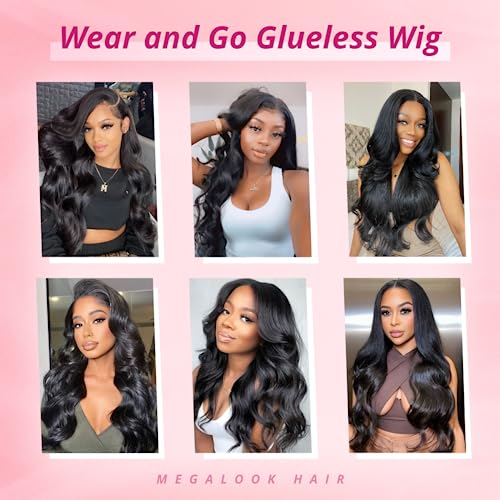 MEGALOOK Wear and Go Glueless Body Wave Lace Front Wigs, Natural Black, 28 Inch