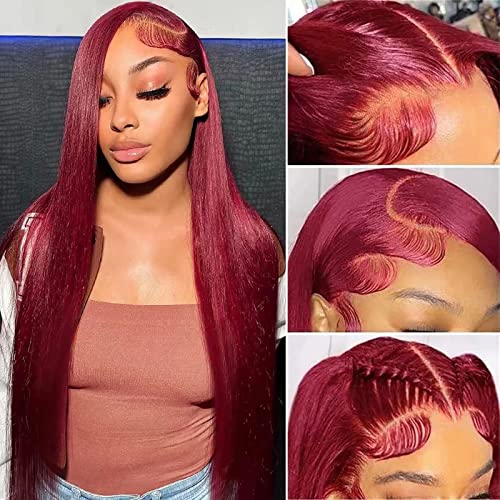 Samrabeauty 99j Burgundy Straight Lace Front Wigs Human Hair 99J 13X4 HD Transparent Lace Frontal Wigs 180% Density Glueless Pre Plucked with Baby Hair Wigs for Women