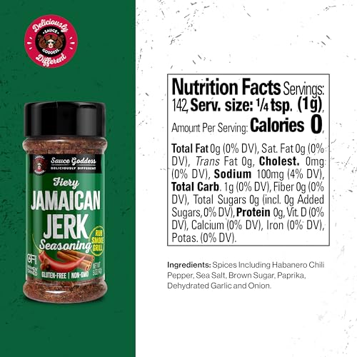 Sauce Goddess Fiery Jamaican Jerk Spice - Seasonings and Spices for Cooking with Caribbean Flavors! Perfect for Chicken, Pork, Seafood & More - Low Sugar, Low Sodium, Fat-Free, Vegan Friendly - 5 oz