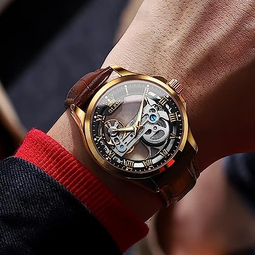 OLEVS Skeleton Watches for Men Automatic Self Winding Mechanical Luxury Dress Brown Leather Waterproof Luminous Men Wrist Watch