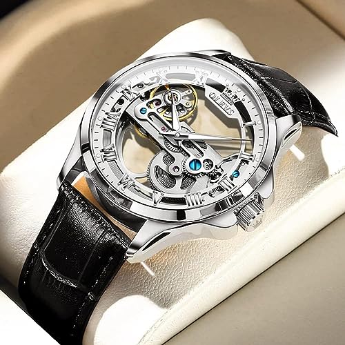 OLEVS Skeleton Watches for Men Automatic Self Winding Mechanical Luxury Dress Brown Leather Waterproof Luminous Men Wrist Watch