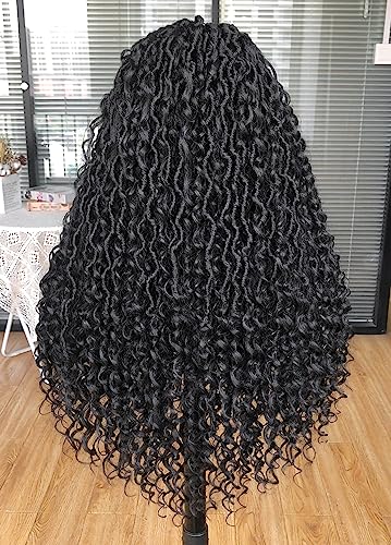 Annivia Goddess Faux Locs Wigs for Black Women 30inch Full Lace Goddess Bohemia Locs Braided Wigs with Baby Hair Hippie Locs Twist Synthetic Goddess Wig with Curly Ends（Black）