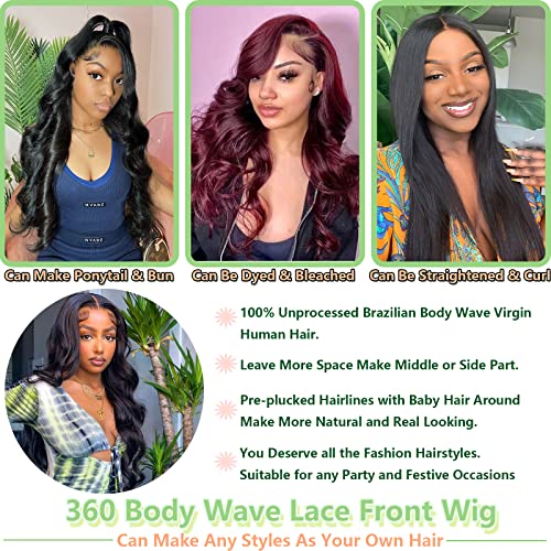 360 Body Wave Lace Front Wigs Human Hair Pre Plucked with Baby Hair 180% Density Full Lace Human Hair Wigs Brazilian Virgin Body HD Human Hair Lace Front Wigs for Women Natural Color 22Inch