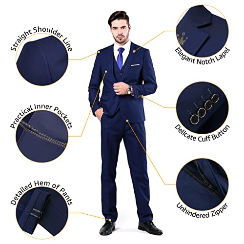 MYS Men's 3 Piece Slim Fit Suit Set, One Button Solid Jacket Vest Pants with Tie Black