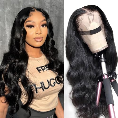 Body Wave Lace Front Wigs Human Hair Pre Plucked 13x4 HD Transparent Lace Frontal Wig with Baby Hair 180% Density Brazilian Virgin Human Hair Lace Front Wigs for Women Natural Black 22inch