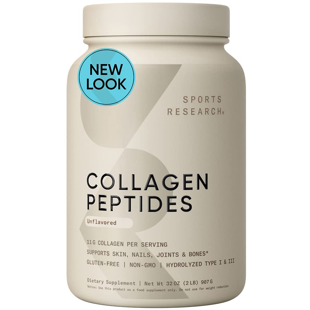 Sports Research Collagen Peptides - Hydrolyzed Type 1 & 3 Collagen Powder Protein Supplement for Healthy Skin, Nails, & Joints - Easy Mixing Vital Nutrients & Proteins, Collagen for Women & Men