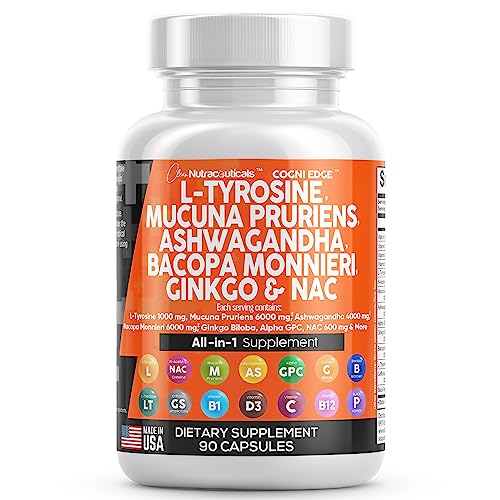 L-Tyrosine 1000mg Mucuna Pruriens 6000mg Bacopa Monnieri 500mg Ashwagandha 4000mg Focus Supplement with N-Acetyl Cysteine 600mg NAC 5-HTP Ginkgo Biloba Alpha GPC L Theanine Vitamin C D B1 B12 USA Made