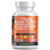 L-Tyrosine 1000mg Mucuna Pruriens 6000mg Bacopa Monnieri 500mg Ashwagandha 4000mg Focus Supplement with N-Acetyl Cysteine 600mg NAC 5-HTP Ginkgo Biloba Alpha GPC L Theanine Vitamin C D B1 B12 USA Made