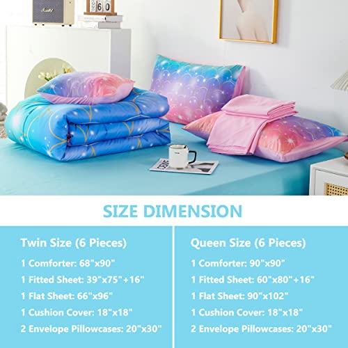 PERFEMET Purple Mermaid Comforter Set Twin 6 Pieces Rainbow Glitter Girls Bedding Set Colorful Ombre Bed in A Bag for Kids Teens Adults (Purple Pink, Twin Size)