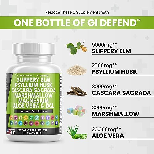 Slippery Elm 5000mg Psyllium Husk 2000mg Pre Probiotic Digestive Gut Health Supplement with Aloe Vera Cascara Sagrada 2000mg Marshmallow Root DGL Licorice Senna Extract Magnesium - Made in USA 90 Ct