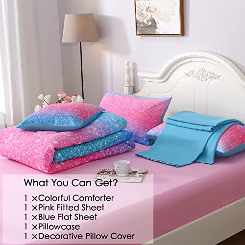 JQinHome Glitter Comforter Set Twin Size,6 Piece Bed in A Bag 3D Colorful Duvet Pink Blue Bedding Sets for Girls Kids - (1 Comforter,2 Pillowcases, 1 Flat Sheet, 1 Fitted Sheet, 1 Cushion Cover)