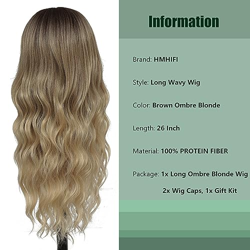 HMHIFI Long Ombre Blonde Wigs for Women 26 inch Long Wavy Middle Part Wig Ombre Blonde Wigs Upgraded Protein Fiber Hair Replacement Wig Cosplay Costume Halloween Wig(26'' Brown Ombre Blonde)