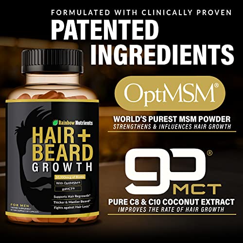 Rainbow Nutrients, LLC Hair + Beard Growth Vitamins for Men | Biotin 10,000mcg, Patented OptiMSM®, goMCT®, Saw Palmetto, Collagen | 60 Day Supply | Naturally Regrow Stronger, Thicker, Healthier Hair