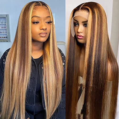 Highlight Ombre Lace Front Wig Human Hair 13x4 HD Transparent 4/27 Honey Blonde Lace Frontal Wigs Pre Plucked with Baby Hair 180% Density Straight Lace Front wigs Human Hair Colored 22 Inch