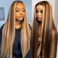 Highlight Ombre Lace Front Wig Human Hair 13x4 HD Transparent 4/27 Honey Blonde Lace Frontal Wigs Pre Plucked with Baby Hair 180% Density Straight Lace Front wigs Human Hair Colored 22 Inch