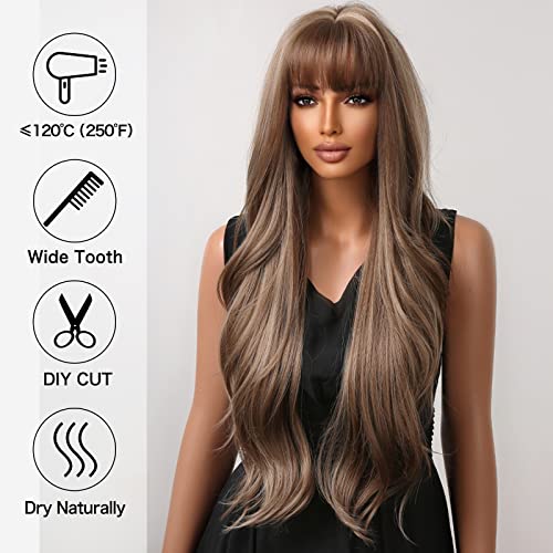 Allbell Brown Wigs for Black Women Long Wavy Ombre Blond Wigs With Bangs Synthetic Wig Hair Repalcement Wigs